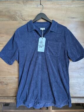 NWT Quaker Marine Supply Polo Shirt Mens L Navy Terry Knit Short Sleeve Popover